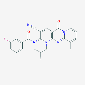 molecular formula C24H20FN5O2 B356835 N-[5-Cyano-11-methyl-7-(2-methylpropyl)-2-oxo-1,7,9-triazatricyclo[8.4.0.03,8]tetradeca-3(8),4,9,11,13-pentaen-6-ylidene]-3-fluorobenzamide CAS No. 847160-20-7