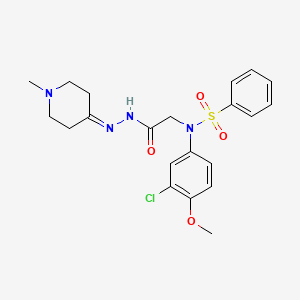molecular formula C21H25ClN4O4S B3569728 N-(3-CHLORO-4-METHOXYPHENYL)-N-{[N'-(1-METHYLPIPERIDIN-4-YLIDENE)HYDRAZINECARBONYL]METHYL}BENZENESULFONAMIDE 