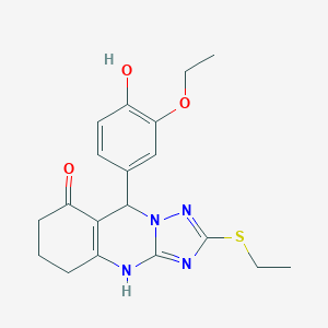 molecular formula C19H22N4O3S B357187 9-(3-ethoxy-4-hydroxyphenyl)-2-(ethylsulfanyl)-5,6,7,9-tetrahydro[1,2,4]triazolo[5,1-b]quinazolin-8(4H)-one CAS No. 727401-96-9