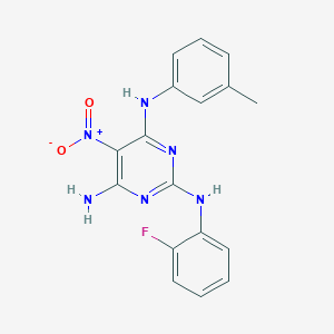 molecular formula C17H15FN6O2 B357208 {4-Amino-6-[(3-methylphenyl)amino]-5-nitropyrimidin-2-yl}(2-fluorophenyl)amine CAS No. 577767-78-3