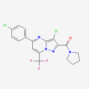 molecular formula C18H13Cl2F3N4O B3572104 [3-CHLORO-5-(4-CHLOROPHENYL)-7-(TRIFLUOROMETHYL)PYRAZOLO[1,5-A]PYRIMIDIN-2-YL](1-PYRROLIDINYL)METHANONE 