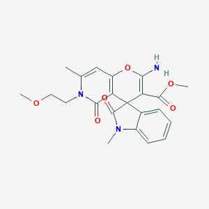 molecular formula C22H23N3O6 B357221 Methyl 2'-amino-6'-(2-methoxyethyl)-1,7'-dimethyl-2,5'-dioxo-1,2,5',6'-tetrahydrospiro[indole-3,4'-pyrano[3,2-c]pyridine]-3'-carboxylate CAS No. 873571-33-6