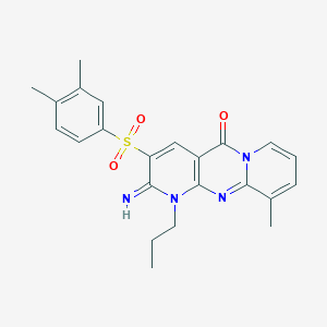 molecular formula C23H24N4O3S B357273 5-(3,4-dimethylphenyl)sulfonyl-6-imino-11-methyl-7-propyl-1,7,9-triazatricyclo[8.4.0.03,8]tetradeca-3(8),4,9,11,13-pentaen-2-one CAS No. 853753-22-7