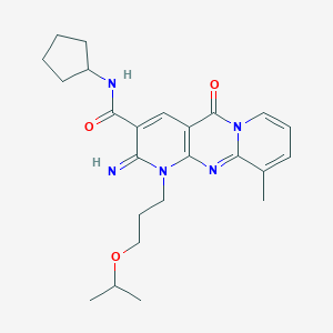 molecular formula C24H31N5O3 B357569 N-Cyclopentyl-6-imino-11-methyl-2-oxo-7-(3-propan-2-yloxypropyl)-1,7,9-triazatricyclo[8.4.0.03,8]tetradeca-3(8),4,9,11,13-pentaene-5-carboxamide CAS No. 577996-99-7