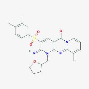 molecular formula C25H26N4O4S B357572 5-(3,4-dimethylphenyl)sulfonyl-6-imino-11-methyl-7-(oxolan-2-ylmethyl)-1,7,9-triazatricyclo[8.4.0.03,8]tetradeca-3(8),4,9,11,13-pentaen-2-one CAS No. 853753-21-6