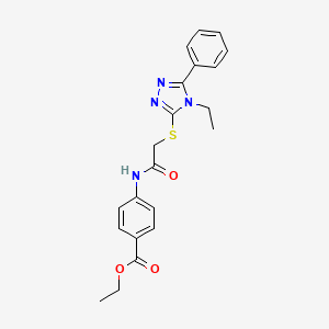 molecular formula C21H22N4O3S B3576102 ETHYL 4-({2-[(4-ETHYL-5-PHENYL-4H-1,2,4-TRIAZOL-3-YL)SULFANYL]ACETYL}AMINO)BENZOATE 