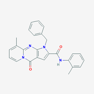 molecular formula C26H22N4O2 B357658 6-benzyl-10-methyl-N-(2-methylphenyl)-2-oxo-1,6,8-triazatricyclo[7.4.0.0^{3,7}]trideca-3(7),4,8,10,12-pentaene-5-carboxamide CAS No. 896854-01-6