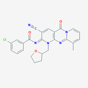 molecular formula C25H20ClN5O3 B357676 3-chloro-N-[5-cyano-11-methyl-2-oxo-7-(oxolan-2-ylmethyl)-1,7,9-triazatricyclo[8.4.0.03,8]tetradeca-3(8),4,9,11,13-pentaen-6-ylidene]benzamide CAS No. 845988-81-0