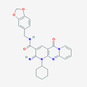 molecular formula C26H25N5O4 B357712 N-(1,3-Benzodioxol-5-ylmethyl)-7-cyclohexyl-6-imino-2-oxo-1,7,9-triazatricyclo[8.4.0.03,8]tetradeca-3(8),4,9,11,13-pentaene-5-carboxamide CAS No. 847859-63-6