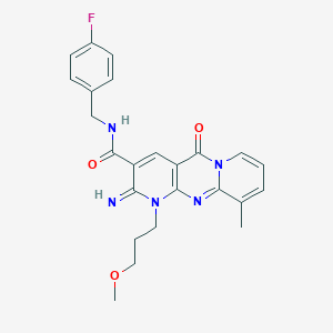 molecular formula C24H24FN5O3 B357851 N-[(4-Fluorophenyl)methyl]-6-imino-7-(3-methoxypropyl)-11-methyl-2-oxo-1,7,9-triazatricyclo[8.4.0.03,8]tetradeca-3(8),4,9,11,13-pentaene-5-carboxamide CAS No. 848211-80-3