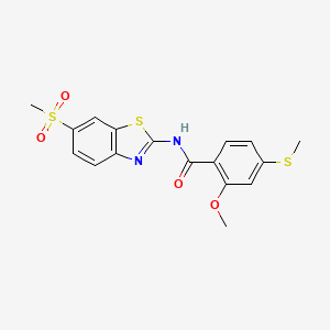 molecular formula C17H16N2O4S3 B3578524 N-(6-METHANESULFONYL-1,3-BENZOTHIAZOL-2-YL)-2-METHOXY-4-(METHYLSULFANYL)BENZAMIDE 