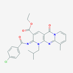 B357887 Ethyl 6-(4-chlorobenzoyl)imino-11-methyl-7-(2-methylpropyl)-2-oxo-1,7,9-triazatricyclo[8.4.0.03,8]tetradeca-3(8),4,9,11,13-pentaene-5-carboxylate CAS No. 848673-84-7