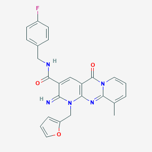 molecular formula C25H20FN5O3 B358046 N-[(4-Fluorophenyl)methyl]-7-(furan-2-ylmethyl)-6-imino-11-methyl-2-oxo-1,7,9-triazatricyclo[8.4.0.03,8]tetradeca-3(8),4,9,11,13-pentaene-5-carboxamide CAS No. 844830-39-3