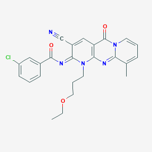 molecular formula C25H22ClN5O3 B358081 3-Chloro-N-[5-cyano-7-(3-ethoxypropyl)-11-methyl-2-oxo-1,7,9-triazatricyclo[8.4.0.03,8]tetradeca-3(8),4,9,11,13-pentaen-6-ylidene]benzamide CAS No. 845806-14-6