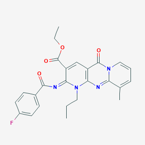 molecular formula C25H23FN4O4 B358109 Ethyl 6-(4-fluorobenzoyl)imino-11-methyl-2-oxo-7-propyl-1,7,9-triazatricyclo[8.4.0.03,8]tetradeca-3(8),4,9,11,13-pentaene-5-carboxylate CAS No. 847245-67-4