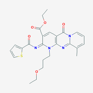 molecular formula C25H26N4O5S B358150 Ethyl 7-(3-ethoxypropyl)-11-methyl-2-oxo-6-(thiophene-2-carbonylimino)-1,7,9-triazatricyclo[8.4.0.03,8]tetradeca-3(8),4,9,11,13-pentaene-5-carboxylate CAS No. 847337-42-2