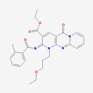 molecular formula C27H28N4O5 B358152 Ethyl 7-(3-ethoxypropyl)-6-(2-methylbenzoyl)imino-2-oxo-1,7,9-triazatricyclo[8.4.0.03,8]tetradeca-3(8),4,9,11,13-pentaene-5-carboxylate CAS No. 847039-25-2