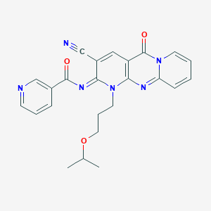 molecular formula C24H22N6O3 B358153 N-[5-Cyano-2-oxo-7-(3-propan-2-yloxypropyl)-1,7,9-triazatricyclo[8.4.0.03,8]tetradeca-3(8),4,9,11,13-pentaen-6-ylidene]pyridine-3-carboxamide CAS No. 847337-67-1