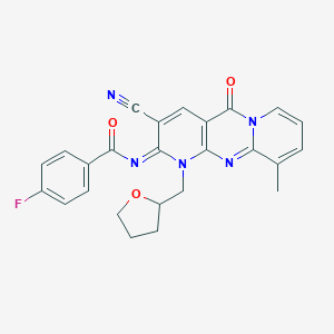 molecular formula C25H20FN5O3 B358155 N-[5-Cyano-11-methyl-2-oxo-7-(oxolan-2-ylmethyl)-1,7,9-triazatricyclo[8.4.0.03,8]tetradeca-3(8),4,9,11,13-pentaen-6-ylidene]-4-fluorobenzamide CAS No. 847338-95-8