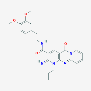 molecular formula C26H29N5O4 B358156 N-[2-(3,4-Dimethoxyphenyl)ethyl]-6-imino-11-methyl-2-oxo-7-propyl-1,7,9-triazatricyclo[8.4.0.03,8]tetradeca-3(8),4,9,11,13-pentaene-5-carboxamide CAS No. 847270-33-1