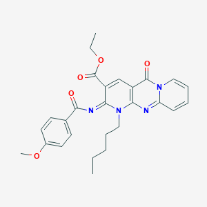 molecular formula C27H28N4O5 B358178 Ethyl 6-(4-methoxybenzoyl)imino-2-oxo-7-pentyl-1,7,9-triazatricyclo[8.4.0.03,8]tetradeca-3(8),4,9,11,13-pentaene-5-carboxylate CAS No. 847160-13-8