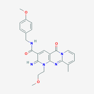 molecular formula C24H25N5O4 B358179 6-imino-7-(2-methoxyethyl)-N-[(4-methoxyphenyl)methyl]-11-methyl-2-oxo-1,7,9-triazatricyclo[8.4.0.03,8]tetradeca-3(8),4,9,11,13-pentaene-5-carboxamide CAS No. 847179-71-9