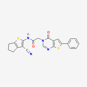 molecular formula C22H16N4O2S2 B3581874 N-(3-cyano-5,6-dihydro-4H-cyclopenta[b]thiophen-2-yl)-2-(4-oxo-6-phenylthieno[2,3-d]pyrimidin-3-yl)acetamide 