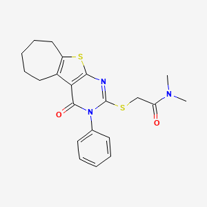 molecular formula C21H23N3O2S2 B3584774 N,N-dimethyl-2-[(3-oxo-4-phenyl-8-thia-4,6-diazatricyclo[7.5.0.02,7]tetradeca-1(9),2(7),5-trien-5-yl)sulfanyl]acetamide 