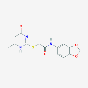 molecular formula C14H13N3O4S B358490 N-(1,3-benzodioxol-5-yl)-2-[(4-hydroxy-6-methyl-2-pyrimidinyl)sulfanyl]acetamide CAS No. 377764-17-5