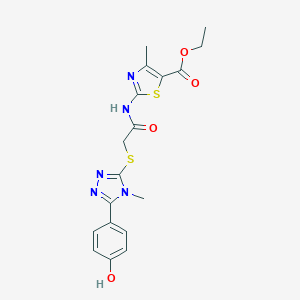 molecular formula C18H19N5O4S2 B359513 ethyl 2-[({[5-(4-hydroxyphenyl)-4-methyl-4H-1,2,4-triazol-3-yl]sulfanyl}acetyl)amino]-4-methyl-1,3-thiazole-5-carboxylate 