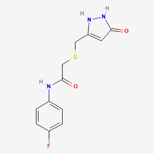 molecular formula C12H12FN3O2S B3598346 N-(4-fluorophenyl)-2-(((5-hydroxy-1H-pyrazol-3-yl)methyl)thio)acetamide 