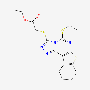molecular formula C18H22N4O2S3 B3600999 Ethyl 2-[(7-propan-2-ylsulfanyl-10-thia-3,4,6,8-tetrazatetracyclo[7.7.0.02,6.011,16]hexadeca-1(9),2,4,7,11(16)-pentaen-5-yl)sulfanyl]acetate 