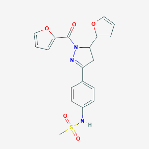 molecular formula C19H17N3O5S B360262 N-{4-[5-(furan-2-yl)-1-(furan-2-ylcarbonyl)-4,5-dihydro-1H-pyrazol-3-yl]phenyl}methanesulfonamide 