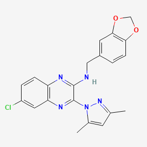 molecular formula C21H18ClN5O2 B3602624 N-[(2H-1,3-BENZODIOXOL-5-YL)METHYL]-6-CHLORO-3-(3,5-DIMETHYL-1H-PYRAZOL-1-YL)QUINOXALIN-2-AMINE 