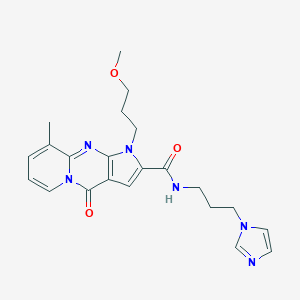 molecular formula C22H26N6O3 B360338 N-(3-Imidazol-1-ylpropyl)-6-(3-methoxypropyl)-10-methyl-2-oxo-1,6,8-triazatricyclo[7.4.0.03,7]trideca-3(7),4,8,10,12-pentaene-5-carboxamide CAS No. 902010-61-1