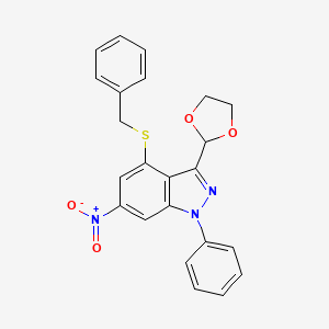molecular formula C23H19N3O4S B3606558 4-(benzylsulfanyl)-3-(1,3-dioxolan-2-yl)-6-nitro-1-phenyl-1H-indazole 