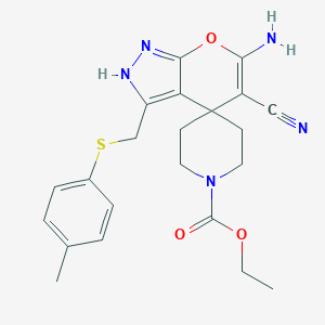 molecular formula C22H25N5O3S B360852 ethyl 6-amino-5-cyano-3-[(4-methylphenyl)sulfanylmethyl]spiro[2H-pyrano[2,3-c]pyrazole-4,4'-piperidine]-1'-carboxylate CAS No. 354555-63-8