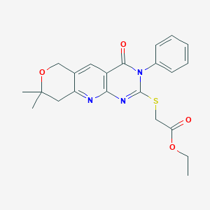molecular formula C22H23N3O4S B361179 ethyl 2-[(13,13-dimethyl-7-oxo-6-phenyl-12-oxa-2,4,6-triazatricyclo[8.4.0.03,8]tetradeca-1,3(8),4,9-tetraen-5-yl)sulfanyl]acetate CAS No. 267665-51-0