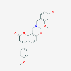 molecular formula C27H25NO6 B361456 9-(2,4-dimethoxybenzyl)-4-(4-methoxyphenyl)-9,10-dihydro-2H,8H-chromeno[8,7-e][1,3]oxazin-2-one CAS No. 859128-24-8