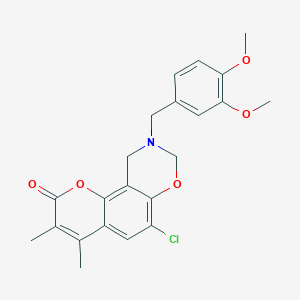 molecular formula C22H22ClNO5 B361458 6-chloro-9-(3,4-dimethoxybenzyl)-3,4-dimethyl-9,10-dihydro-2H,8H-chromeno[8,7-e][1,3]oxazin-2-one CAS No. 853893-24-0