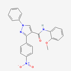 molecular formula C23H18N4O4 B3618008 N-(2-methoxyphenyl)-3-(4-nitrophenyl)-1-phenylpyrazole-4-carboxamide 