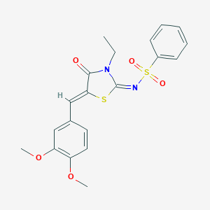 (E)-N-((Z)-5-(3,4-dimethoxybenzylidene)-3-ethyl-4-oxothiazolidin-2-ylidene)benzenesulfonamide