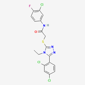 molecular formula C18H14Cl3FN4OS B3620069 N-(3-chloro-4-fluorophenyl)-2-{[5-(2,4-dichlorophenyl)-4-ethyl-4H-1,2,4-triazol-3-yl]sulfanyl}acetamide 