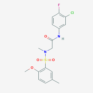 molecular formula C17H18ClFN2O4S B3622858 N-(3-chloro-4-fluorophenyl)-2-[(2-methoxy-5-methylphenyl)sulfonyl-methylamino]acetamide 