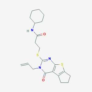 molecular formula C21H27N3O2S2 B362515 N-cyclohexyl-3-{[12-oxo-11-(prop-2-en-1-yl)-7-thia-9,11-diazatricyclo[6.4.0.0^{2,6}]dodeca-1(8),2(6),9-trien-10-yl]sulfanyl}propanamide CAS No. 638137-18-5