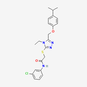 molecular formula C22H25ClN4O2S B3627688 N-(3-chlorophenyl)-2-[(4-ethyl-5-{[4-(propan-2-yl)phenoxy]methyl}-4H-1,2,4-triazol-3-yl)sulfanyl]acetamide 