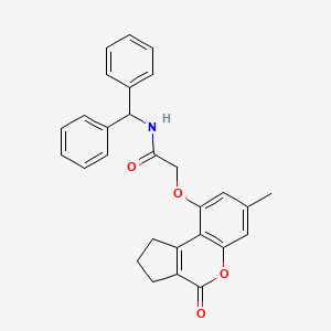 molecular formula C28H25NO4 B3628646 N-(DIPHENYLMETHYL)-2-({7-METHYL-4-OXO-1H,2H,3H,4H-CYCLOPENTA[C]CHROMEN-9-YL}OXY)ACETAMIDE 