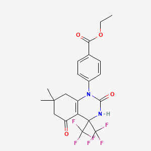 molecular formula C21H20F6N2O4 B3630879 ETHYL 4-[7,7-DIMETHYL-2,5-DIOXO-4,4-BIS(TRIFLUOROMETHYL)-1,2,3,4,5,6,7,8-OCTAHYDROQUINAZOLIN-1-YL]BENZOATE 