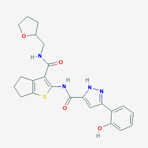 3-(2-Hydroxyphenyl)-N-[3-(oxolan-2-ylmethylcarbamoyl)-5,6-dihydro-4H-cyclopenta[b]thiophen-2-yl]-1H-pyrazole-5-carboxamide