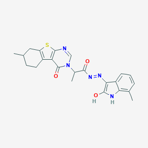 molecular formula C23H23N5O3S B363537 N'-(7-methyl-2-oxo-1,2-dihydro-3H-indol-3-ylidene)-2-(7-methyl-4-oxo-5,6,7,8-tetrahydro[1]benzothieno[2,3-d]pyrimidin-3(4H)-yl)propanohydrazide 